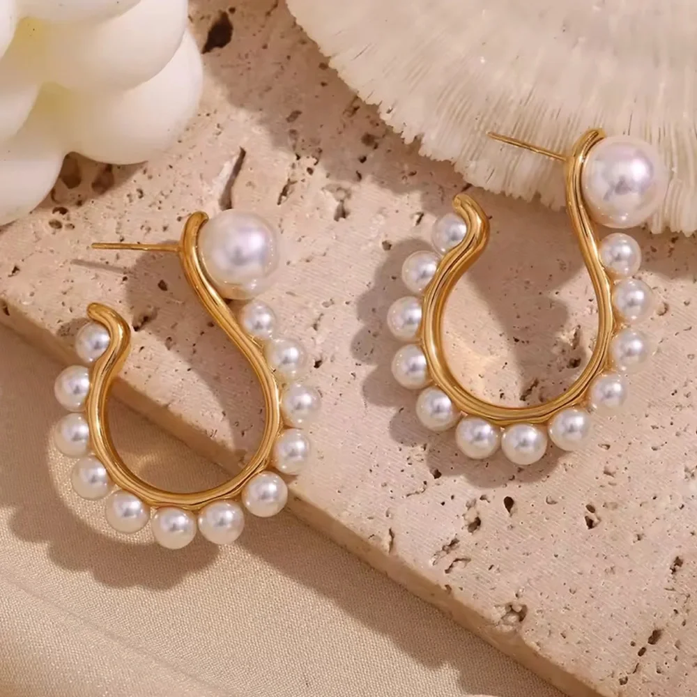 Pearl Question Mark Earrings 18K Gold Plated 
Jewelry Stainless Steel - Picture 10 of 12